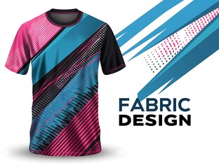 A t-shirt design template in blue, pink, and black with abstract lines for a sport jersey mockup