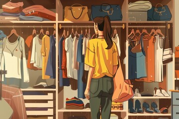 Wall Mural - A woman standing in front of a full closet. Suitable for fashion and organization concepts