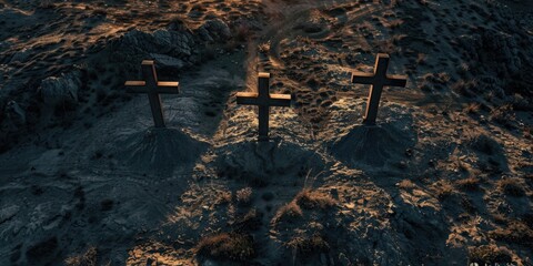 Wall Mural - Three crosses are in dirt, with one of them being large cross