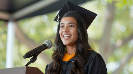 Wall Mural - Smiling young woman delivering a graduation speech under a canopy