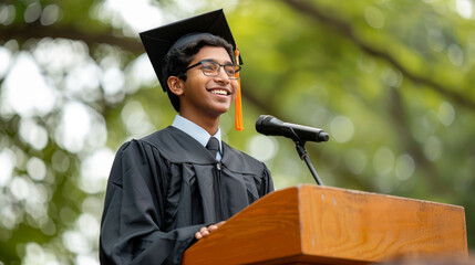 Wall Mural - Young Indian male graduate joyfully speaking at his graduation