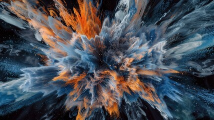 Wall Mural - An immersive and captivating illustration of abstract blue and orange color powder exploding in a burst of color on a rich black backdrop