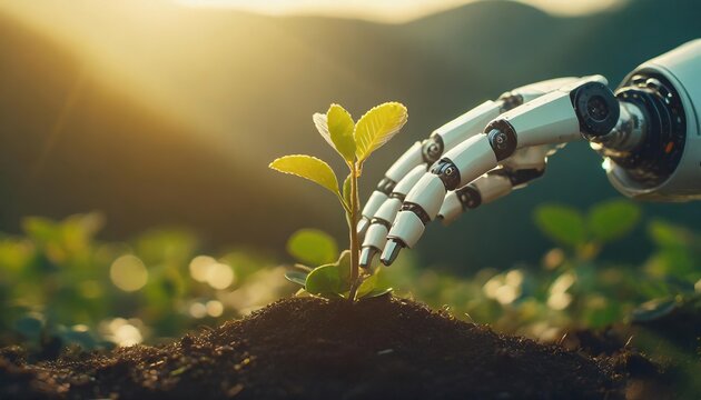 Robot Nurturing Young Plant in Nature