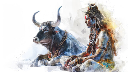 Wall Mural - Beautiful digital painting of lord Shiva with Nandi the bull, perfect for home decor and gifts