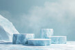 © Stas - ice elegant podium mock-up stand product scene on blue background. Ice podium for advertising, Concept of cooling, beverage and technology.