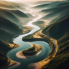 Tranquil, aerial view, showcasing a winding river, landscape photography