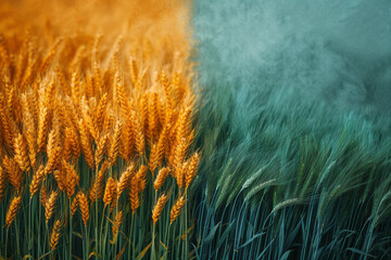 Artistic scene showing the transformation of barley fields through the seasons, from planting to harvest,