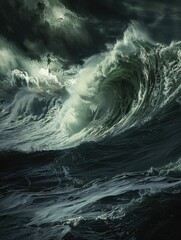 Canvas Print - Large wave is crashing into ocean, creating dark and moody atmosphere