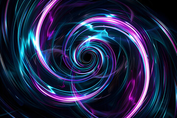 Wall Mural - Dynamic neon swirls of cyan and purple in a mesmerizing neon light display. Energetic abstract art on black background.