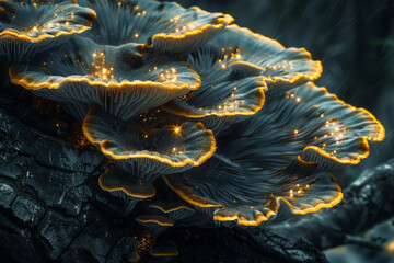 Fototapete - Abstract pattern created by the branching filaments of a fungus, depicted with glowing edges against a dark background,