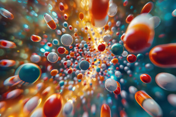 Poster - Abstract visualization of antibiotic molecules interacting with a bacterial cell wall, represented as an explosion of color,