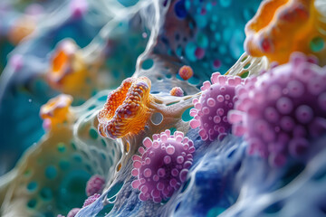 Aufkleber - Dynamic composition of a bacterial biofilm, evolving into an intricate mosaic of colorful, interconnected cells,