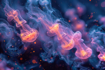 Aufkleber - Dynamic, abstract expression of a malaria parasite life cycle, with each stage a different vivid color and shape,