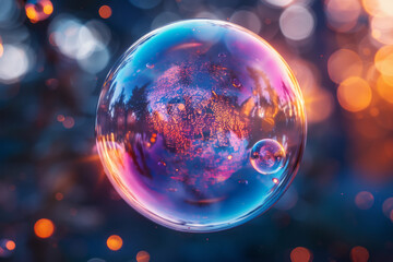 Poster - Artistic interpretation of a chlamydia bacterium, encapsulated in a bubble-like structure with iridescent colors,