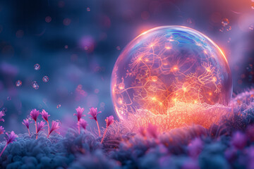 Poster - Artistic interpretation of a chlamydia bacterium, encapsulated in a bubble-like structure with iridescent colors,