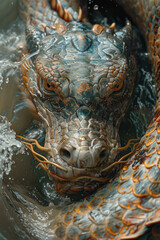 Poster - Abstract depiction of an Eastern dragon, its body flowing like water with scales turning into waves,