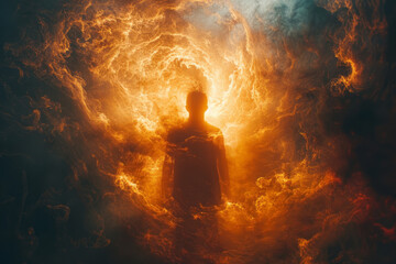 Poster - Abstract visualization of a human silhouette evolving into a burst of light, symbolizing spiritual awakening,