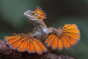 Frilled-neck Lizard: Extending frill while perched on branch, depicting defensive behavior.