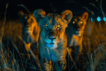 Poster - Lions with night vision and enhanced hearing, patrolling wildlife reserves to protect against poachers,