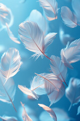 Leinwandbilder - Abstract pattern with light, feather-like shapes floating over a serene blue gradient, symbolizing the airy notes of a piccolo,