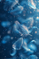 Leinwandbilder - Abstract pattern with light, feather-like shapes floating over a serene blue gradient, symbolizing the airy notes of a piccolo,