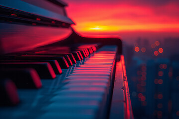 Poster - Gradient of twilight hues, with abstract forms that suggest the silhouette of a grand piano,