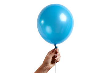 A hand holding a blue balloon on a black background.