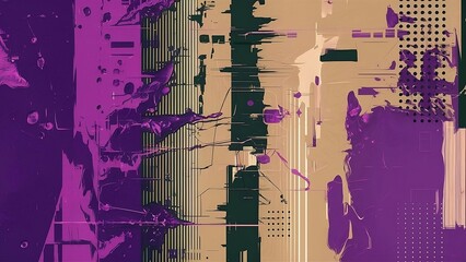 Wall Mural -  An abstract background that combines elements of traditional oil painting with the digital aesthetics of glitch art, purple and beige colors.