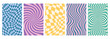 © redgreystock - Set of psychedelic checkerboard background with warped grid tile, tunnel, spiral and swirl. Checkered seamless geometric pattern in groovy y2k style. Chessboard poster with twisted or distorted effect