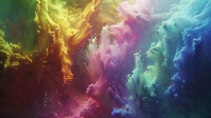 Wall Mural - An ethereal cascade of rainbow powder swirling gracefully in a choreographed dance of hues and textures