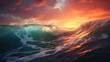 Vibrant sunset or sunrise with large wave crashing on beach under colorful clouds