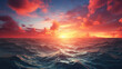 Sunset or sunrise over ocean with waves under dramatic colorful clouds background