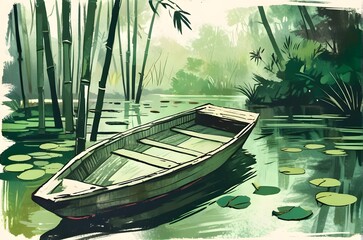 Wall Mural - Boating in a water lily pond, calm and serene, green bamboo forest, artful painterly style illustration with grunge brush stroke texture. Generative AI