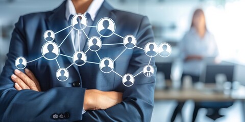 Poster - Connected Workforce: Abstract Network of Human Figures Representing Business Connections and Social Interaction in a Modern, Corporate Environment, Generative AI