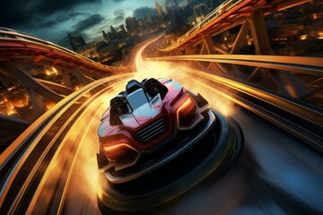 Wall Mural - High-speed concept car races on a city overpass with dynamic light trails in the background