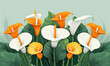 Colorful anthology of white and orange anthuriums with lush green leaves