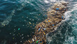 Various rubbish and garbage, mostly plastic floating on sea surface. View from above. Ocean great garbage patch concept. Generative AI