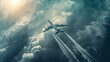 Commercial airliner soaring high amidst stunning cloudscape with dramatic sunlight