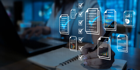 document management concept, check electronic documents on digital documents on virtual screen docum