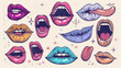 Colorful lips collage with diverse expressions and doodle elements