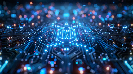 Wall Mural - Futuristic digital landscape with glowing circuit patterns and light dots