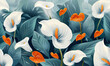 Elegant floral pattern with white calla lilies and orange anthuriums on a cool blue background