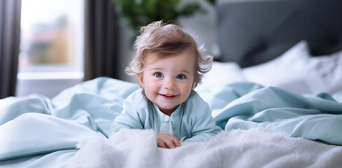 Wall Mural - Smiling baby in blue overalls playing on the bed in the bedroom and looking at the camera. A child lies on a blanket against the backdrop of pillows and a window. Happy childhood and motherhood