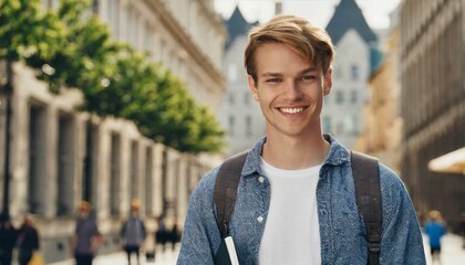 attractive smiling male student posing on city street and looking at camera