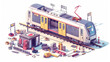 Illustrated train maintenance scene with tools, equipment, and service area