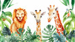 Watercolor safari scene with lion, giraffes, and parrot among tropical leaves