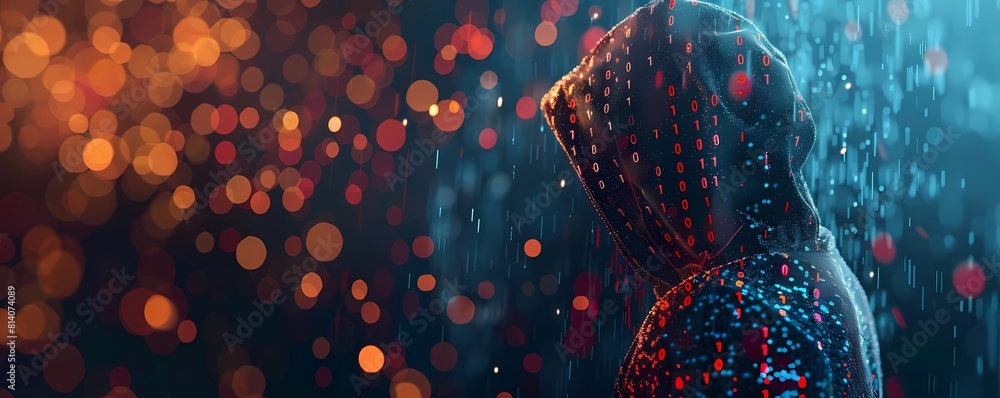 Raining Hacker A lone hacker stands in the rain, his hood pulled low over his face. He ...