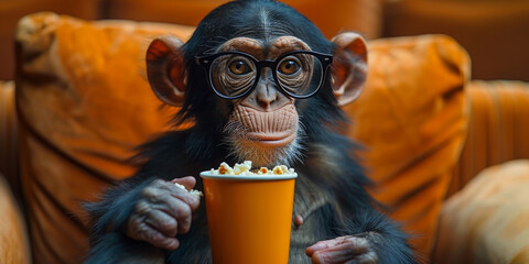 Canvas Print - Monkey watching movie with popcorn sitting in armchair