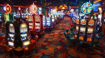 Multiple casino slot machines in a colorful casino, winning in a casino, colorful slot machines, generative ai