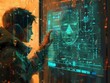 © ngstock - A young man in a dark room, wearing a headset and a futuristic suit, is hacking into a computer system. He is surrounded by glowing green code and a holographic display.